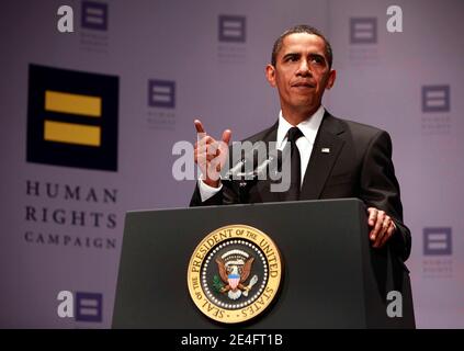 Il presidente degli Stati Uniti Barack Obama ha espresso le sue osservazioni alla cena nazionale della campagna per i diritti umani a Washington, DC il 10 ottobre 2009. Foto piscina di Yuri Grippas/ABACAPRESS.COM Foto Stock