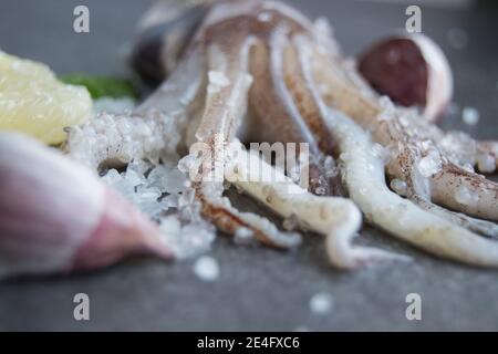 Tentacoli calamari su un piatto di ardesia con limone e aglio Foto Stock