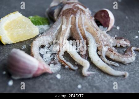 Tentacoli calamari su un piatto di ardesia con limone e aglio Foto Stock