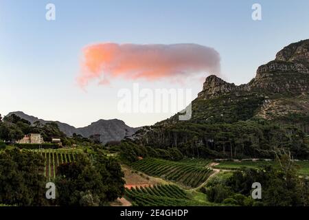 Curiosa formazione di nuvole al tramonto sul vigneto Constantia Glen nelle terre vinicole di Città del Capo, Sud Africa Foto Stock