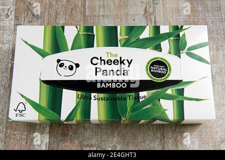 Scatola del tessuto di Panda cheeky o tessuti fatti da bambù naturale ultra sostenibile su sfondo di legno reclionato. Zero sprechi Foto Stock