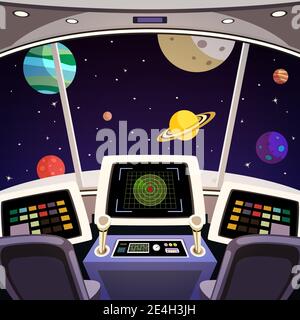 Cabina di volo spaziale cartone futuristico interni con vettore di sfondo spazio illustrazione Illustrazione Vettoriale