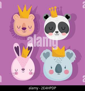 simpatico coniglio di panda leone e koala con corone animali volti le icone dei cartoni animati impostano l'illustrazione vettoriale Illustrazione Vettoriale