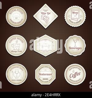 Etichette del menu del ristorante con simboli di cucina e cena isolati illustrazione vettoriale Illustrazione Vettoriale