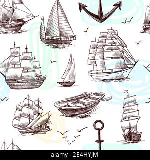 Vela alte navi fregates briganti Clipper yacht e boat sketch illustrazione vettoriale con pattern senza giunture Illustrazione Vettoriale