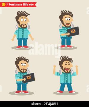 Vita dell'azienda. Condito addetto IT emozioni in pose, set permanente illustrazione vettoriale Illustrazione Vettoriale