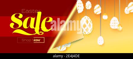 Banner di vendita di Pasqua. Modello con uova di Pasqua dipinte appese. Acquista ora. Illustrazione vettoriale 3d. Illustrazione Vettoriale