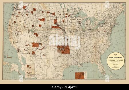 Titolo originale: 'Riserve indiane entro i limiti degli Stati Uniti.' Si tratta di una riproduzione migliorata e restaurata di una vecchia mappa che mostra prenotazioni indiane per nome dal 1890. Mostra anche le posizioni di altri punti di riferimento importanti relativi al sistema di prenotazione. Foto Stock