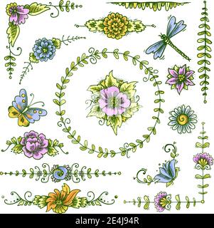 Set di bozzetti colorati con elementi decorativi floreali d'epoca con fiori e farfalle isolato vettore illustrazione Illustrazione Vettoriale