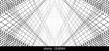 Motivo simmetrico, nero, punti di grigio. Intersecando linee tratteggiate rettilinee. Forma Rhombus di piccoli punti. Sfondo monocromatico vettoriale. Disegno astratto Illustrazione Vettoriale