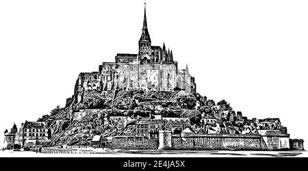 Vista grafica sul Mont Saint Michel su sfondo bianco. Disegno a matita in bianco e nero. Foto Stock