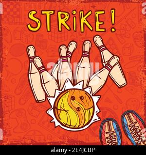 Bowling ball e Pins poster con sport e tavola giochi su sfondo illustrazione vettoriale Illustrazione Vettoriale