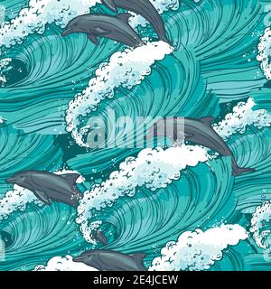 Onde che scorrono acqua schizzo mare oceano e delfini colorato senza giunture illustrazione del vettore di campitura Illustrazione Vettoriale