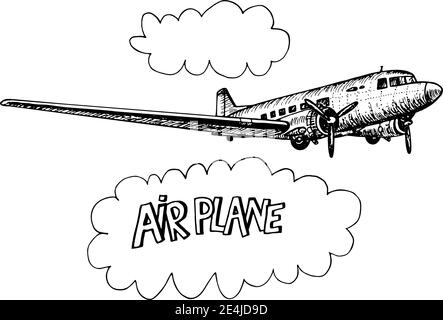 Grande elica aeroplano mano doodle tracciante vettore lacustre realistico schizzi e lettere sulla nuvola Illustrazione Vettoriale