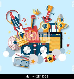 Strumenti musicali icone decorative insieme con chitarra batteria cuffie illustrazione vettoriale. Illustrazione Vettoriale