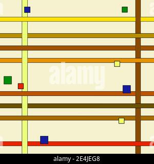 Motivo senza cuciture di strisce intrecciate multicolore e quadratini. Ornamento geometrico. Sfondo chiaro. Semplice disegno astratto. Vettore EPS10 Illustrazione Vettoriale