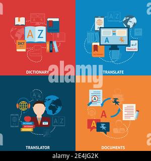 Traduzione e dizionario processo di interpretazione delle lingue straniere tecnologia mobile elctronic quattro icone piatte composizione astratta vettore illustrante Illustrazione Vettoriale