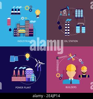 Set di icone piatte industriali con costruttori di centrali elettriche per impianti di produzione di oli illustrazione vettoriale isolata Illustrazione Vettoriale