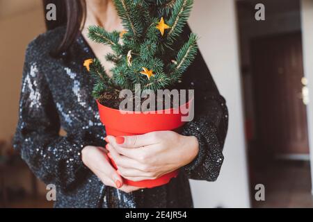 Donna che indossa un abito scintillante che tiene l'albero di Natale mentre si sta a. casa Foto Stock
