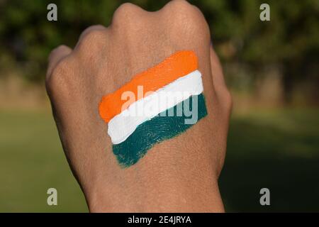 Tatuaggio con bandiera indiana di tre colori dipinto sulla mano della persona Festeggiando e celebrando la giornata della repubblica Indiana Foto Stock