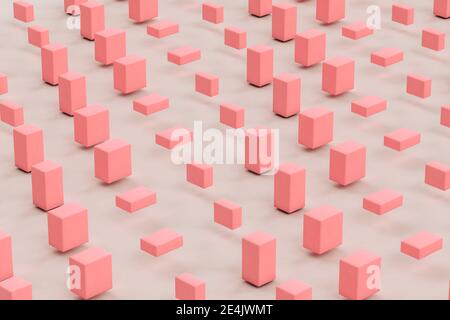 Rappresentazione tridimensionale di cuboidi rosa fluttuanti su sfondo grigio Foto Stock