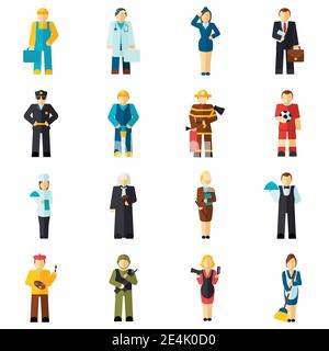 Avatar professioni piatto avatar insieme con vigili del fuoco pilota medico operaio illustrazione vettoriale isolata Illustrazione Vettoriale
