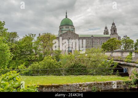 Cattedrale di nostra Signora assunta in Paradiso e San Nicola con la sua cupola verde circondata da vegetazione verde, Salmon Weir ponte sul fiume Corrib Foto Stock