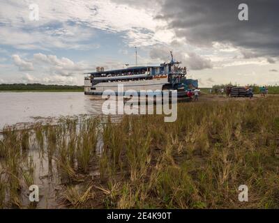 Rio delle Amazzoni, Perù - 04 dicembre 2018: Vista della barca lenta. Campi di riso. Sull'isola sul fiume di Amazzonia. America del Sud Foto Stock