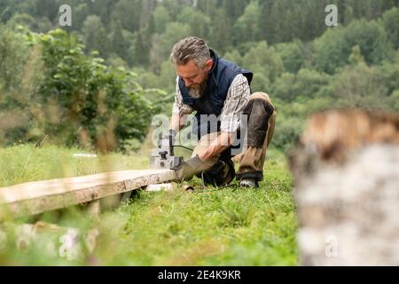 Tavola da taglio carpentiere con sega circolare Foto Stock