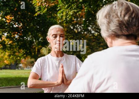 Le amiche che fanno yoga con gli occhi chiusi nel parco pubblico il giorno di sole Foto Stock