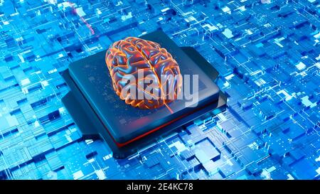 Illustrazione 3D del cervello sulla scheda a circuito stampato sulla rete neurale Foto Stock