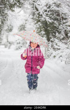 Kidderminster, Regno Unito. 24 gennaio 2021. Tempo britannico: La nevicata di mattina presto sorprende i residenti in Worcestershire con la neve pesante che causa una coperta di whiteout di inverno fra le ore 8:00 e 10.00. Phoebe rosato-imbrogliato, avvolto bene, è fuori camminare con la sua mamma che gode a fondo la wonderland invernale. Credit: Lee Hudson/Alamy Live News Foto Stock