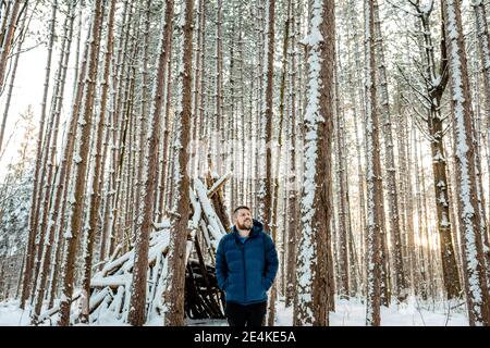 Uomo che guarda via mentre si sta contro tenda di legno in foresta Foto Stock