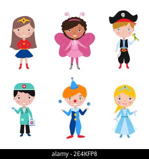 I bambini indossano costumi diversi per l'illustrazione vettoriale del costume party. Illustrazione Vettoriale