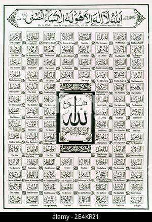 Islam 99 nomi di Allah Poster presi in arabo Londra E la scrittura inglese Foto Stock