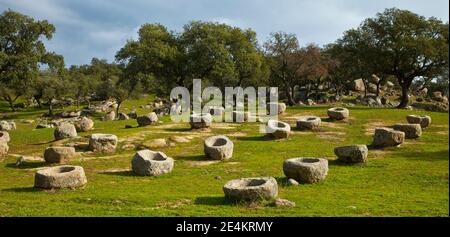 Comederos de granito, Parque Natural Sierra de Andújar, Jaen, Andalucía, España Foto Stock