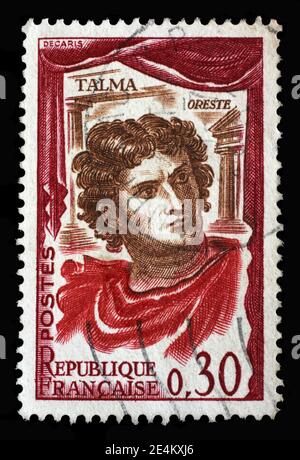 Il francobollo stampato in Francia mostra l'attore francese Francois Joseph Talma (1763-1826), famoso attore francese per la tragedia classica, attori famosi, circa 1961 Foto Stock