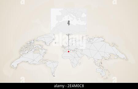 Mappa della Tunisia con i paesi vicini imperniati sulla mappa del mondo. Mappa mondiale triangoli astratti. Illustrazione Vettoriale