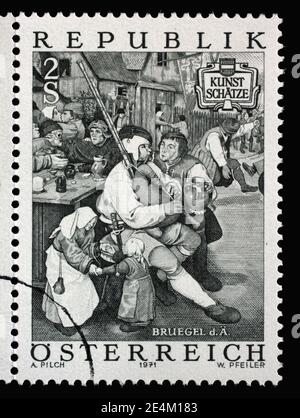 Francobollo rilasciato in Austria mostra contadini Danza di Pieter Breugel il Vecchio (c.. 1525-1569), circa 1971. Foto Stock