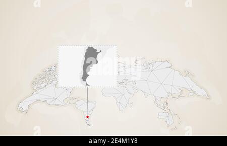 Mappa dell'Argentina con i paesi vicini puntati sulla mappa del mondo. Mappa mondiale triangoli astratti. Illustrazione Vettoriale