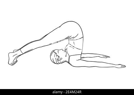 Yoga aratro posa o alasana. Donna che pratica yoga posa stretching. Immagine vettoriale incisa isolata su sfondo bianco Illustrazione Vettoriale