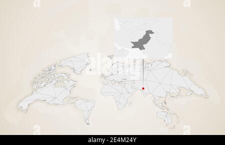 Mappa del Pakistan con i paesi vicini imperniati sulla mappa del mondo. Mappa mondiale triangoli astratti. Illustrazione Vettoriale