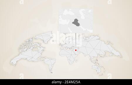 Mappa dell'Iraq con i paesi vicini imperniati sulla mappa mondiale. Mappa mondiale triangoli astratti. Illustrazione Vettoriale