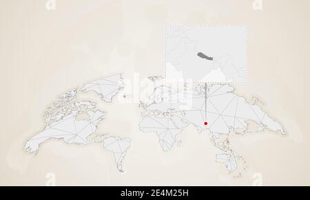Mappa del Nepal con i paesi vicini puntati sulla mappa del mondo. Mappa mondiale triangoli astratti. Illustrazione Vettoriale