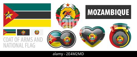 Insieme vettoriale dello stemma e della bandiera nazionale Del Mozambico Illustrazione Vettoriale