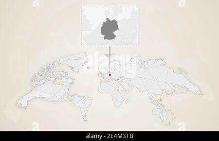 Mappa della Germania con i paesi vicini puntati sulla mappa del mondo. Mappa mondiale triangoli astratti. Illustrazione Vettoriale