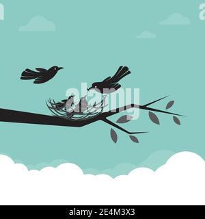 Famiglia di uccelli che stanno alimentando il bambino, illustrazione. Illustrazione vettoriale a livelli facilmente modificabile. Illustrazione Vettoriale