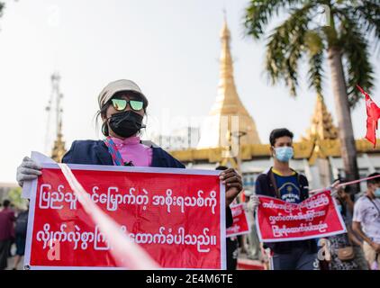 Yangon, Birmania. 24 gennaio 2021. I manifestanti della NLD (Lega nazionale per la democrazia) che indossano maschere tengono i banner durante la manifestazione.la gente partecipa a un raduno a sostegno del nuovo governo e della Commissione elettorale dell'Unione a Yangon. Credit: SOPA Images Limited/Alamy Live News Foto Stock