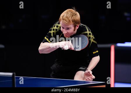 COVENTRY, REGNO UNITO. 24 gennaio 2021. Gavin Rumgay (SCO) vs Genia Milchin (GER) durante il 2021 World Ping Pong Masters alla Ricoh Arena Domenica 24 Gennaio 2021 a COVENTRY, INGHILTERRA. Credit: Taka G Wu/Alamy Live News Foto Stock