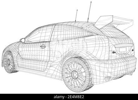 Auto da rally. Telaio a filo vettoriale per auto da corsa su sfondo bianco. Trasporto automatico Illustrazione Vettoriale